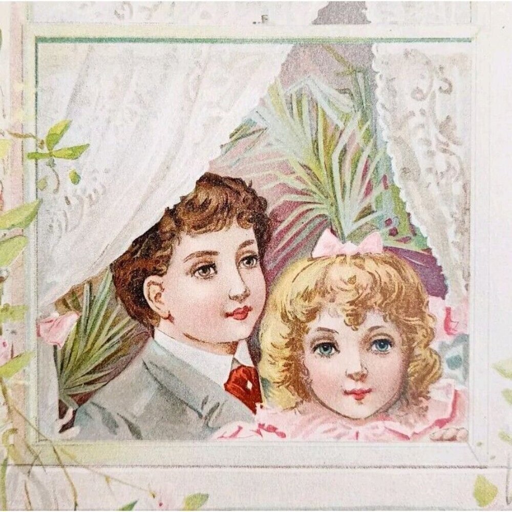 1898 Victorian Lithograph Beautiful Girl And Boy Children In Window DWMM4